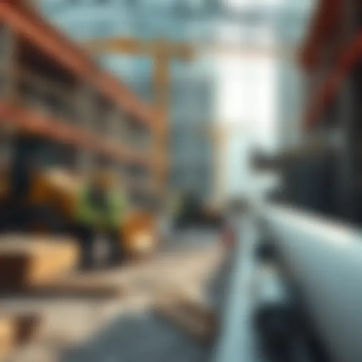 Construction site with workers and machinery at work