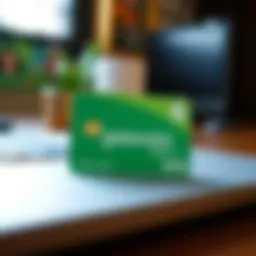 Visual representation of a Green Dot debit card with online transaction icons