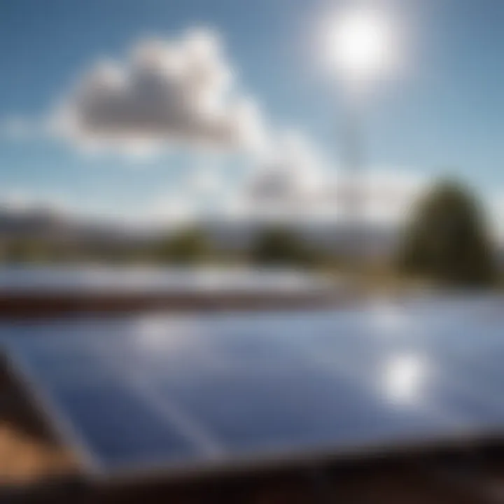 A solar panel installation with a clear blue sky background