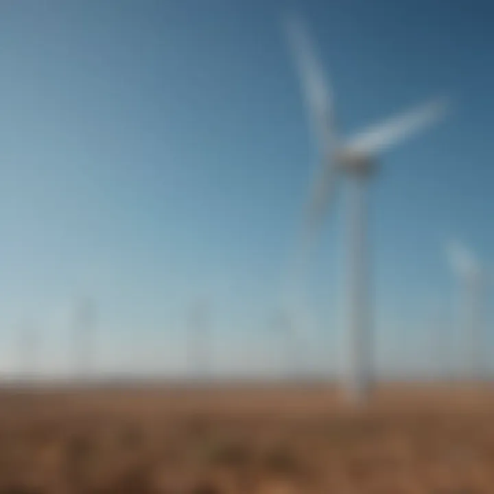 A wind turbine farm against a clear blue sky