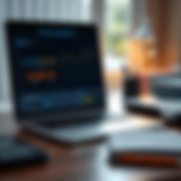 Workspace for Financial Calculations An organized workspace with a laptop displaying financial calculations