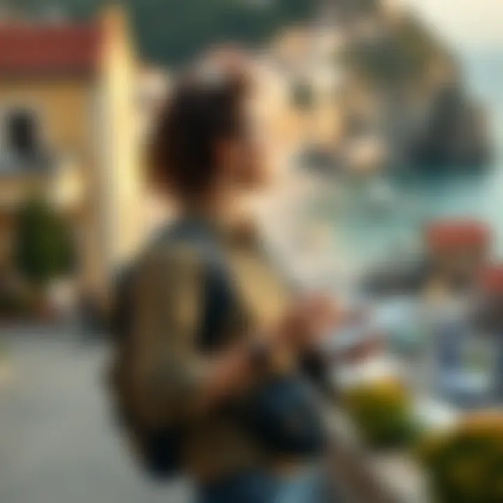 Traveler Utilizing Technology for Financial Planning A traveler exploring a picturesque destination with a digital device in hand.